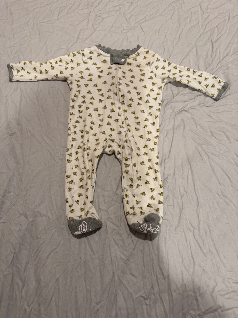 Burt's Bees White Footed One-Piece with Yellow Bee Print and Gray Trim